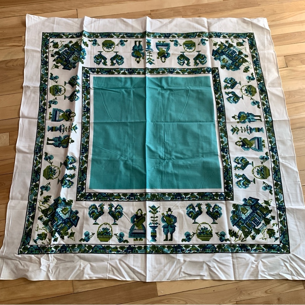 Vintage Tablecloth MCM Cross Stitch Printed Pattern